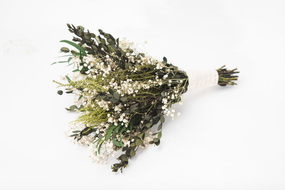Preserved Eucalyptus Bridal Bouquet: Greenery & Baby's Breath Wedding Flowers – handmade floral hair accessory by magaela