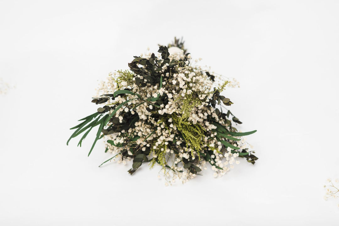 Preserved Eucalyptus Bridal Bouquet: Greenery & Baby's Breath Wedding Flowers – handmade floral hair accessory by magaela