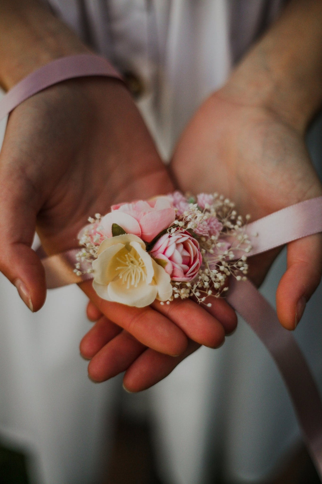 Blush Pink Flower Bracelet: Wedding Corsage with Ribbon – handmade floral hair accessory by magaela