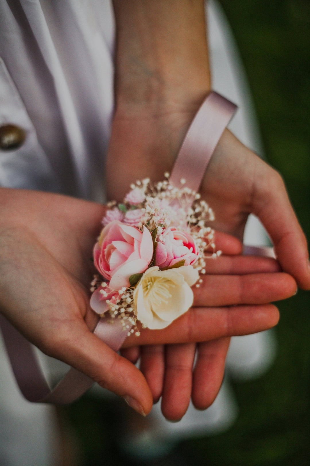 Blush Pink Flower Bracelet: Wedding Corsage with Ribbon – handmade floral hair accessory by magaela