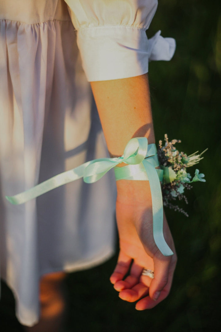 Mint Flower Corsage Bracelet: Pastel Turquoise Bridesmaid Jewelry – handmade floral hair accessory by magaela