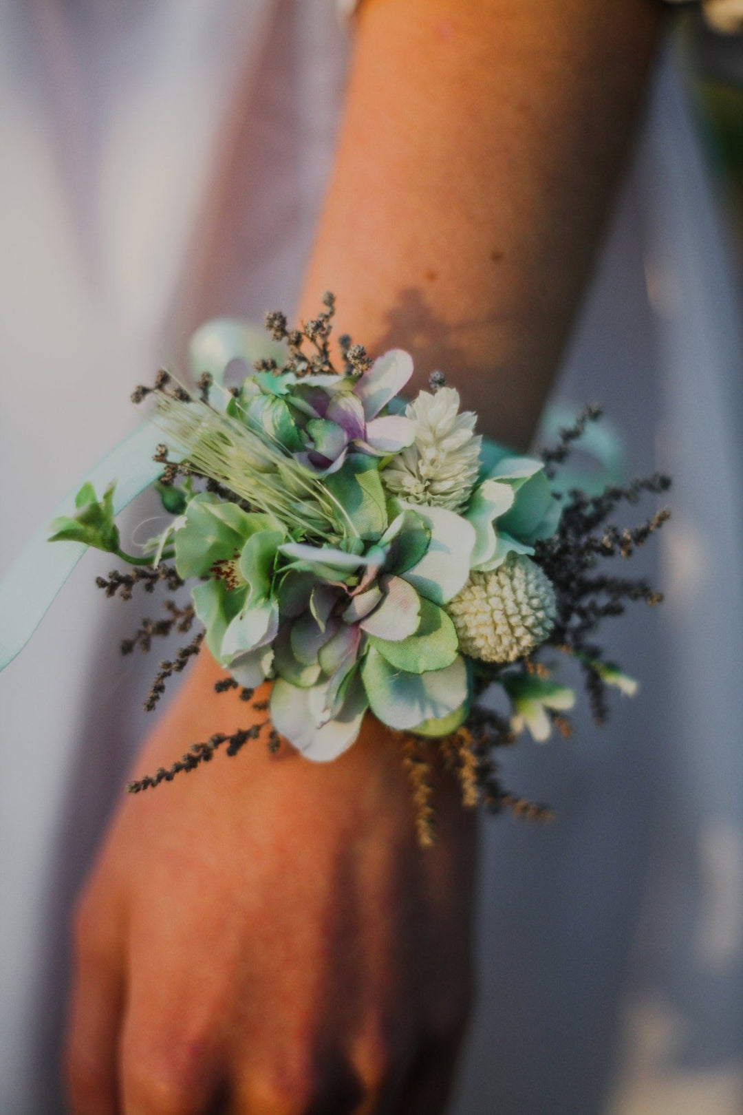 Mint Flower Corsage Bracelet: Pastel Turquoise Bridesmaid Jewelry – handmade floral hair accessory by magaela