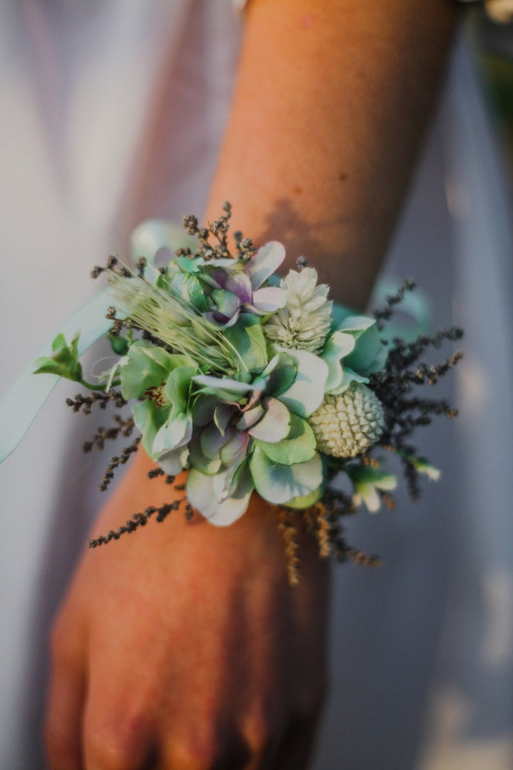 Mint Flower Corsage Bracelet: Pastel Turquoise Bridesmaid Jewelry – handmade floral hair accessory by magaela