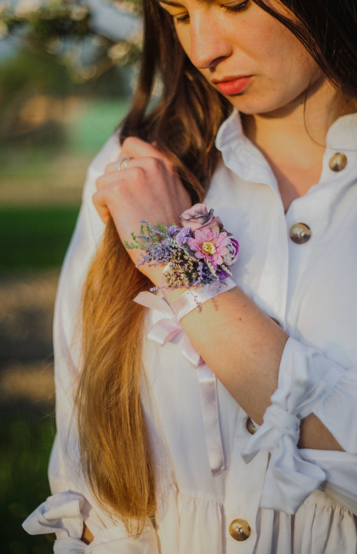 Purple Pink Flower Bracelet: Lavender Peony Wrist Corsage – handmade floral hair accessory by magaela
