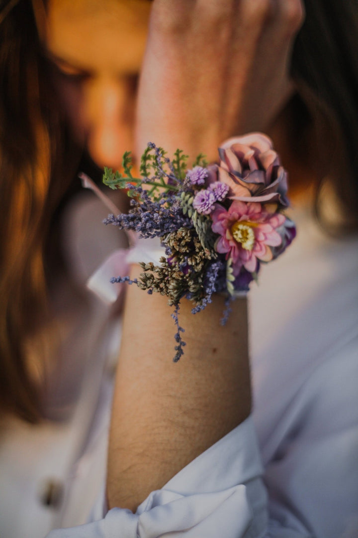 Purple Pink Flower Bracelet: Lavender Peony Wrist Corsage – handmade floral hair accessory by magaela