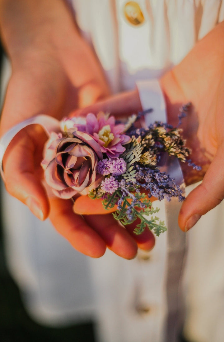 Purple Pink Flower Bracelet: Lavender Peony Wrist Corsage – handmade floral hair accessory by magaela