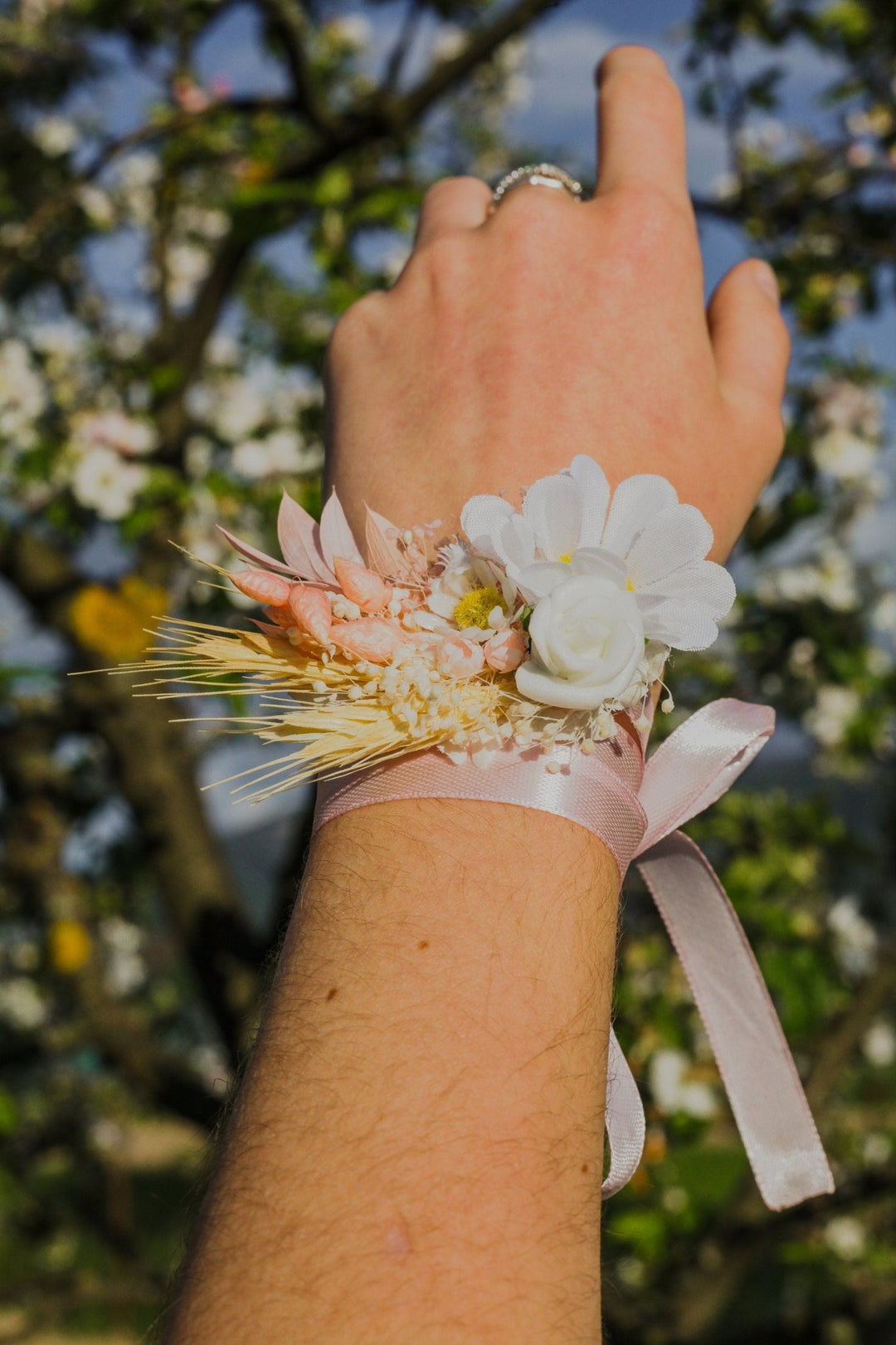 Daisy Flower Bracelet: Blush Wedding Ribbon Wrist Corsage – handmade floral hair accessory by magaela