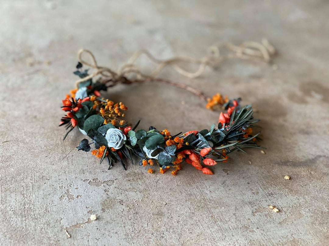 Burnt Orange Dried Flower Crown: Autumn Bride Hair Wreath – handmade floral hair accessory by magaela