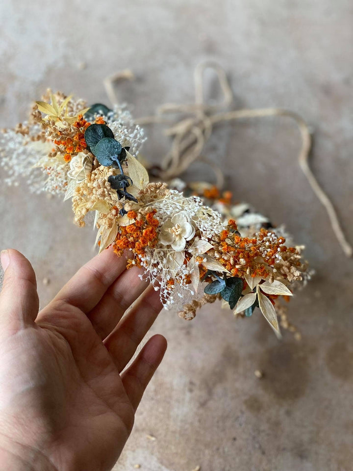 Burnt Orange Flower Crown: Rustic Autumn Wedding Headpiece – handmade floral hair accessory by magaela