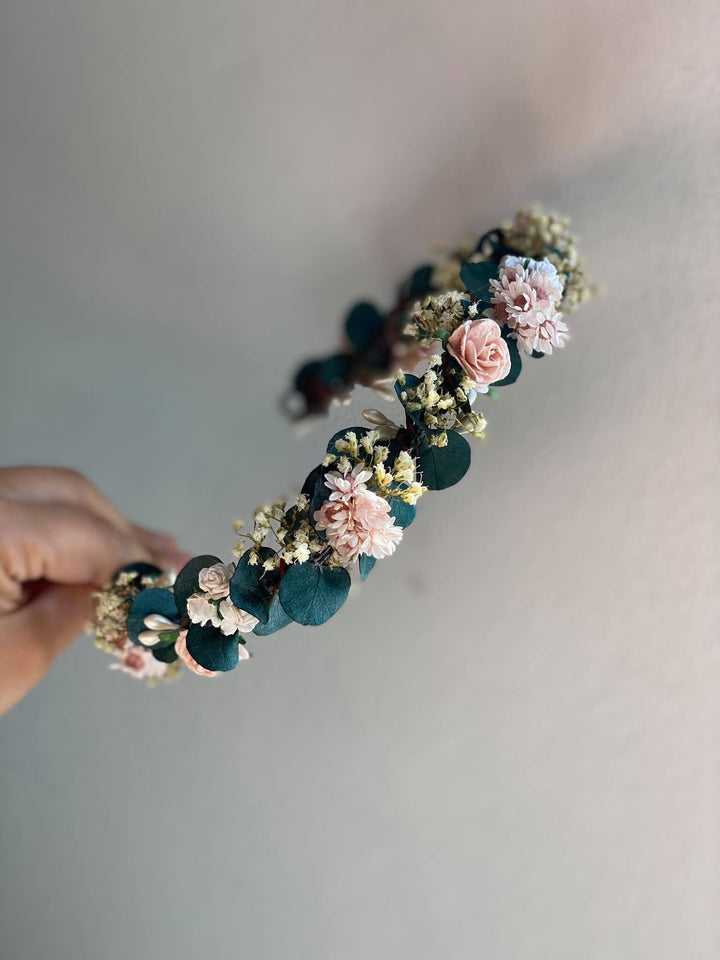 Eucalyptus Flower Crown: Blush Rose Bridal Headpiece – handmade floral hair accessory by magaela