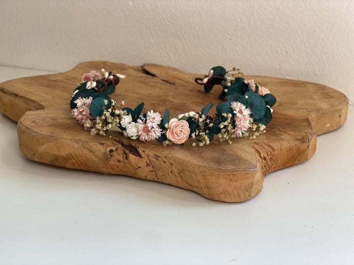 Eucalyptus Flower Crown: Blush Rose Bridal Headpiece – handmade floral hair accessory by magaela