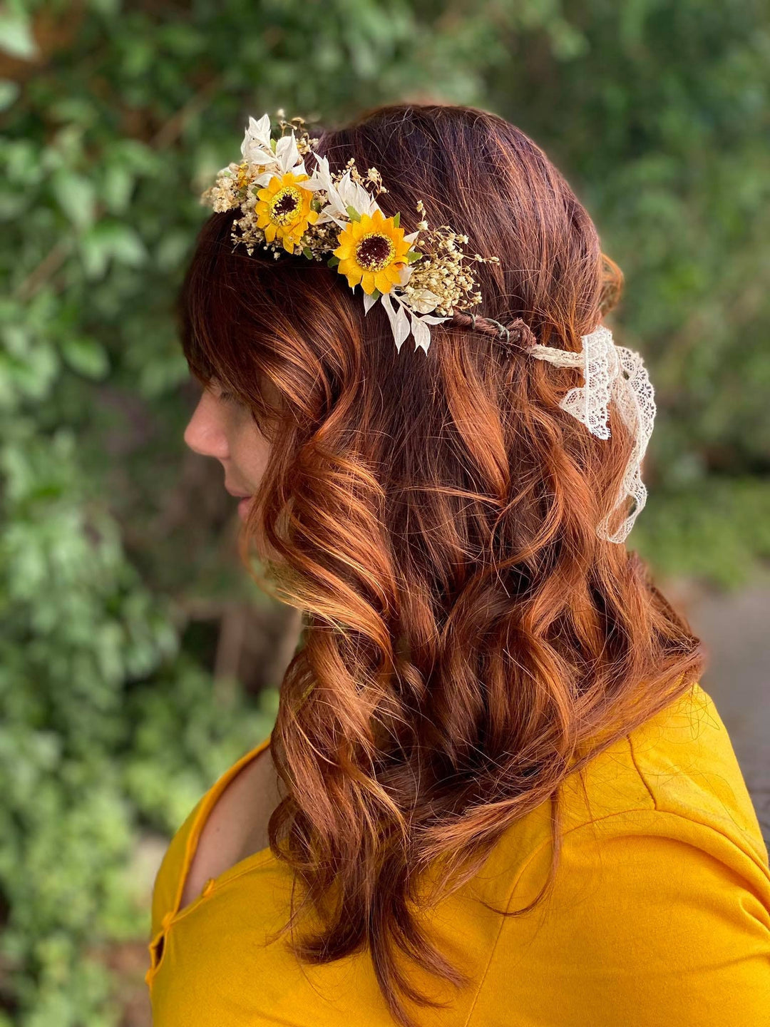 Sunflower Bridal Hair Crown: Ivory & Yellow Flower Wreath – handmade floral hair accessory by magaela
