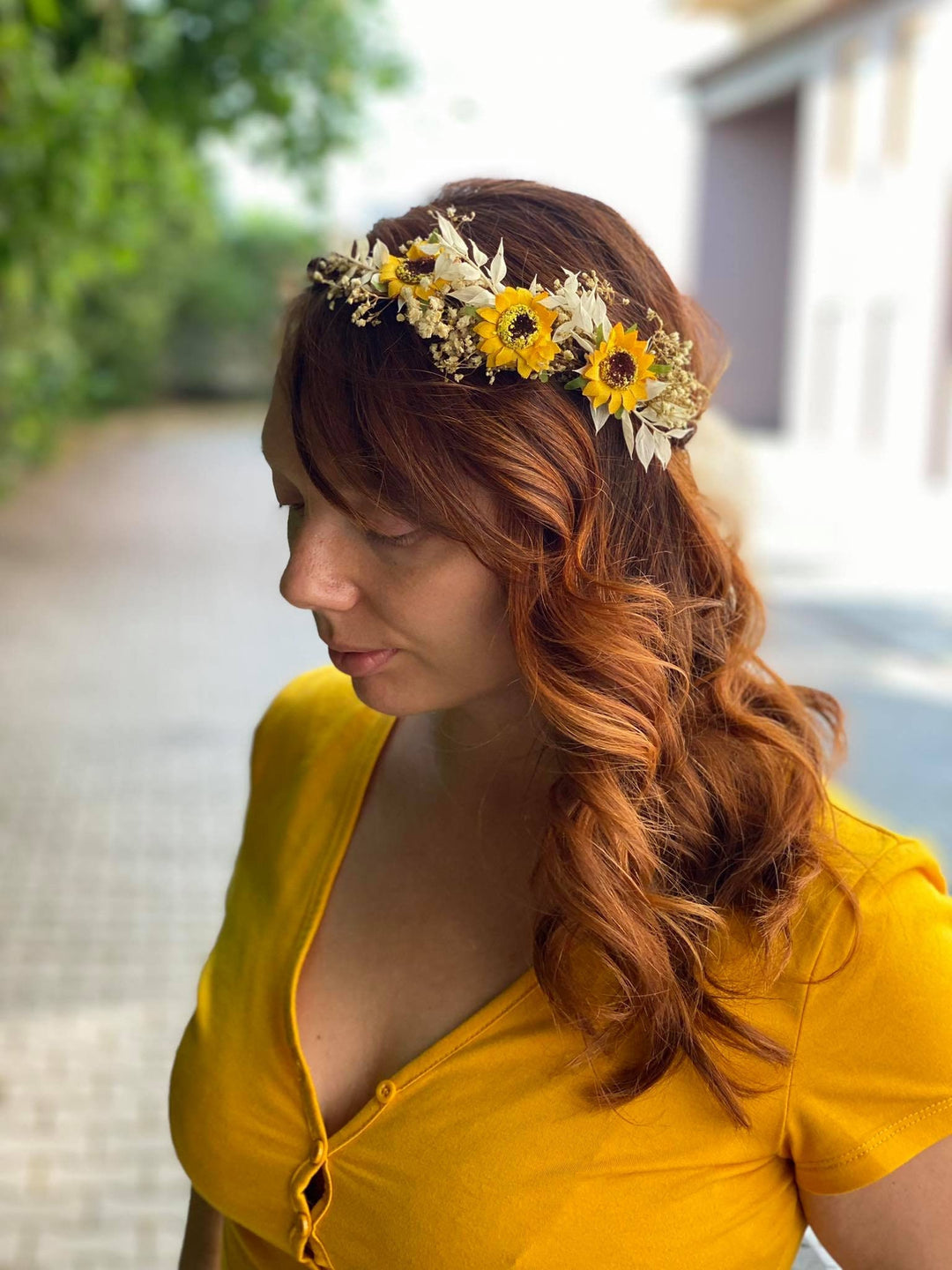 Sunflower Bridal Hair Crown: Ivory & Yellow Flower Wreath – handmade floral hair accessory by magaela