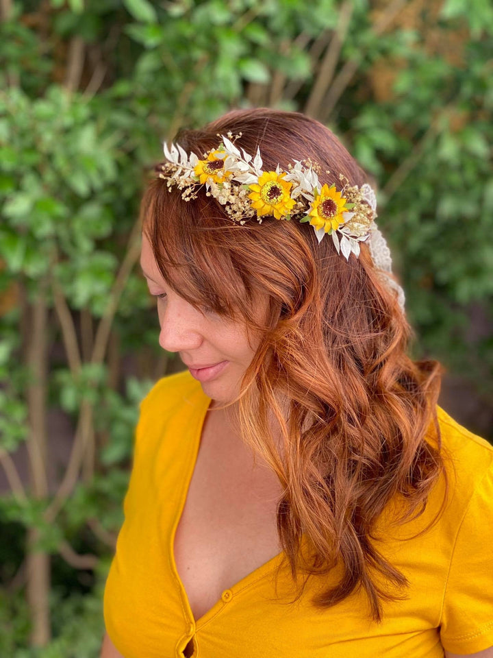Sunflower Bridal Hair Crown: Ivory & Yellow Flower Wreath – handmade floral hair accessory by magaela