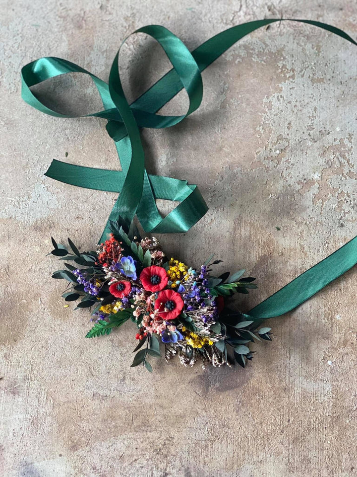 Folk Wedding Flower Belt: Poppy Bridal Sash, Colorful Slavic Style – handmade floral hair accessory by magaela