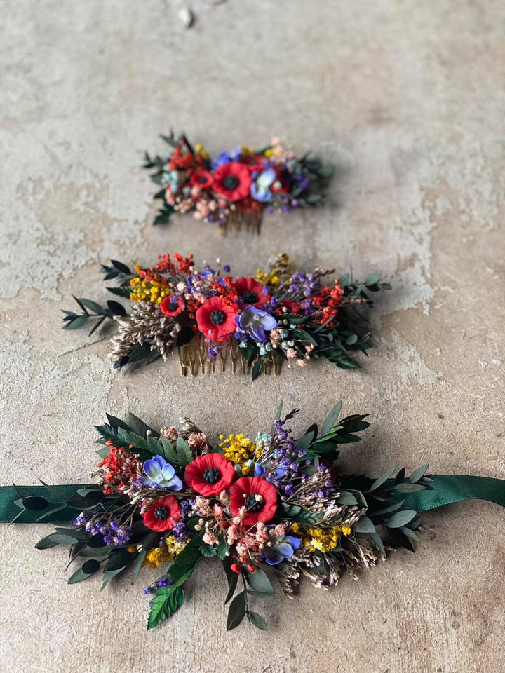 Poppy Flower Hair Comb: Folk Wedding Bridal Accessory – handmade floral hair accessory by magaela