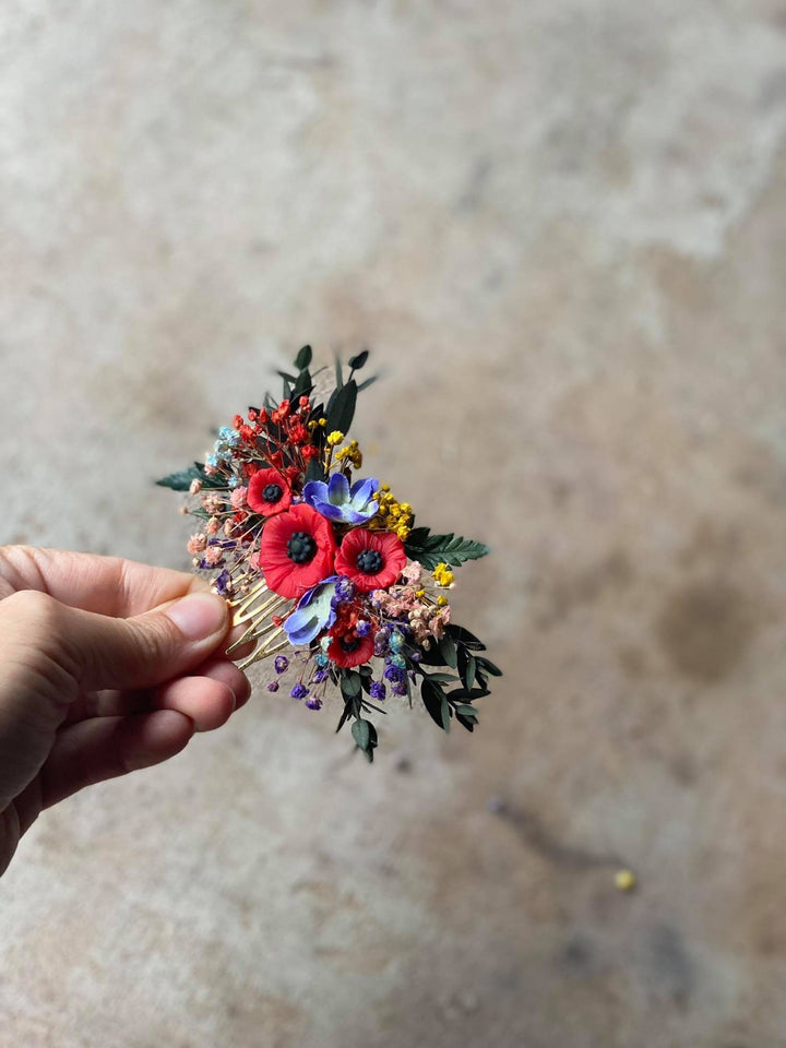 Poppy Flower Hair Comb: Folk Wedding Bridal Accessory – handmade floral hair accessory by magaela