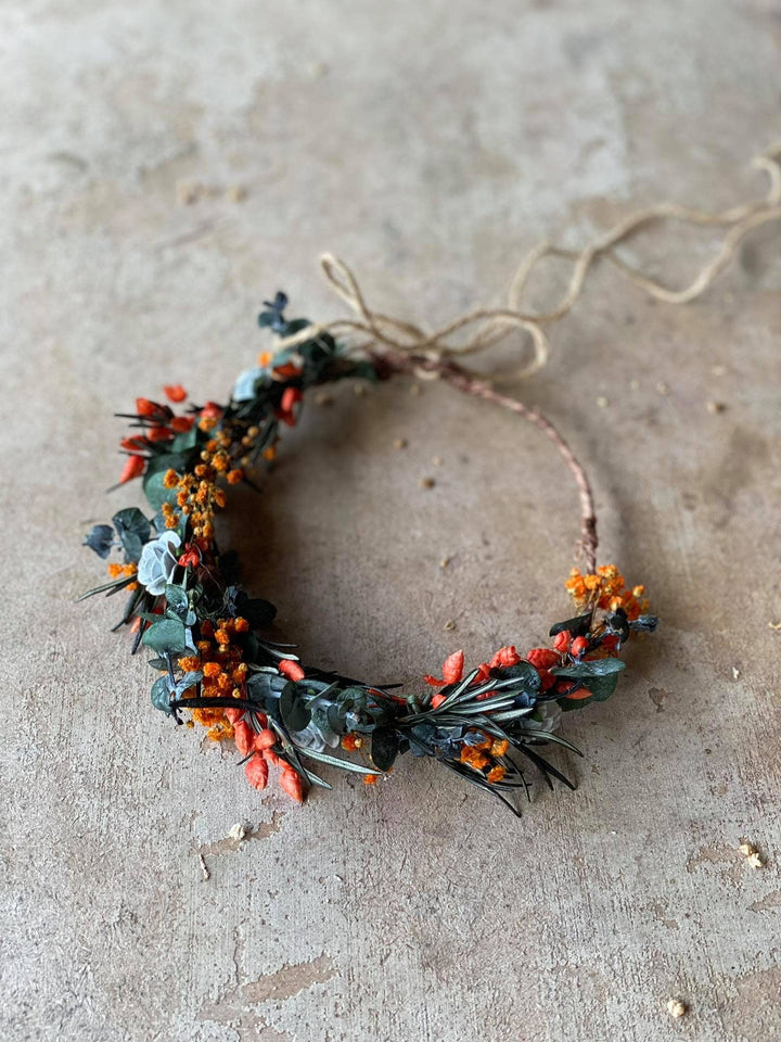 Burnt Orange Dried Flower Crown: Autumn Bride Hair Wreath – handmade floral hair accessory by magaela