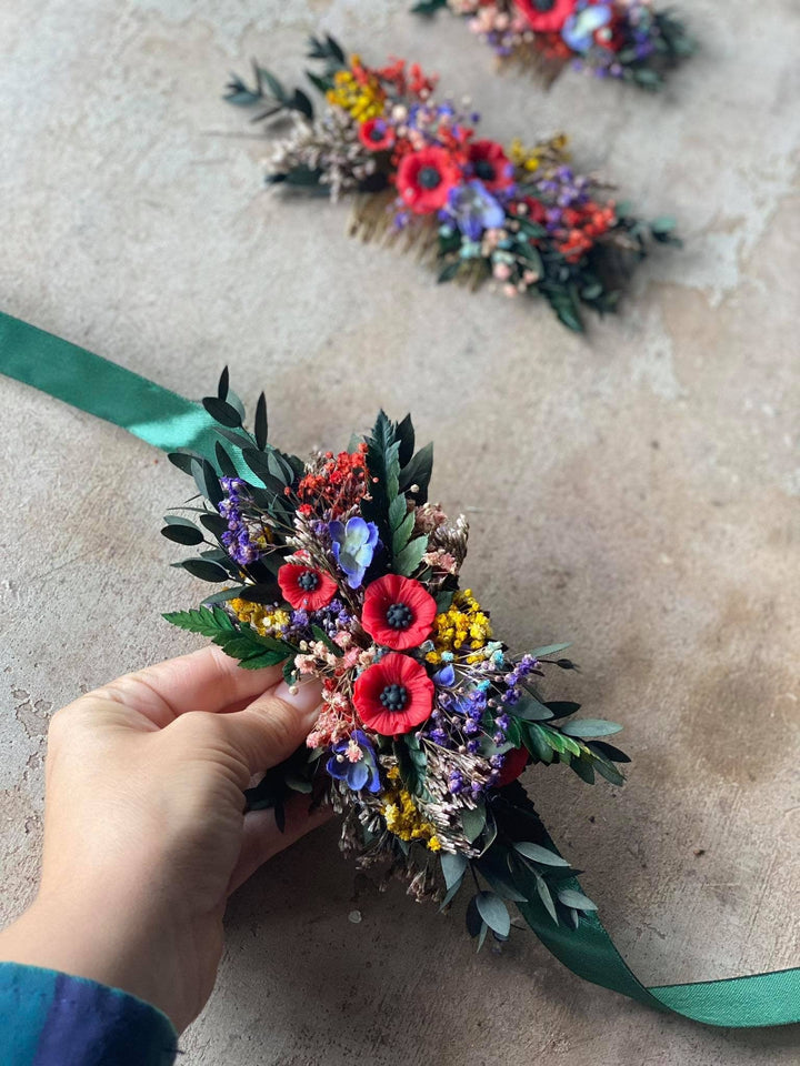 Folk Wedding Flower Belt: Poppy Bridal Sash, Colorful Slavic Style – handmade floral hair accessory by magaela