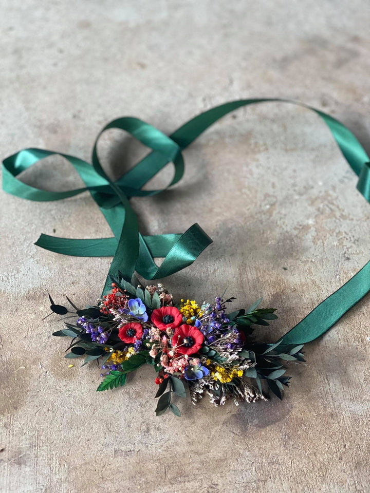 Folk Wedding Flower Belt: Poppy Bridal Sash, Colorful Slavic Style – handmade floral hair accessory by magaela