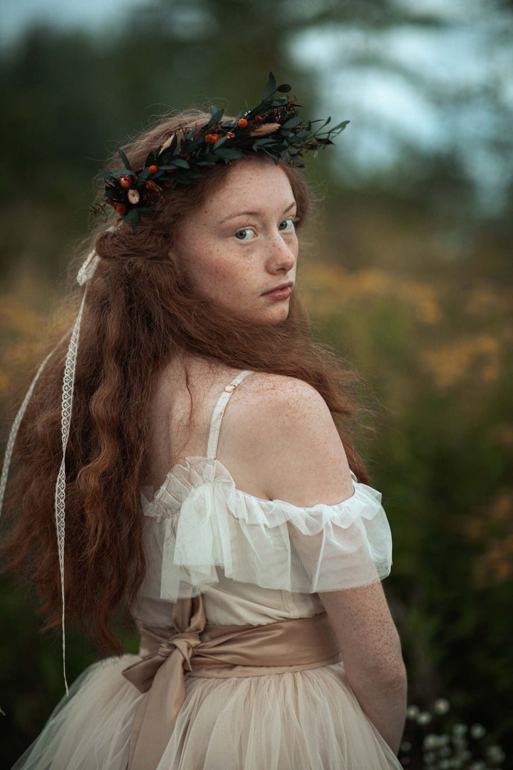 Autumn Flower Hair Wreath: Burnt Orange Boho Wedding Headpiece – handmade floral hair accessory by magaela