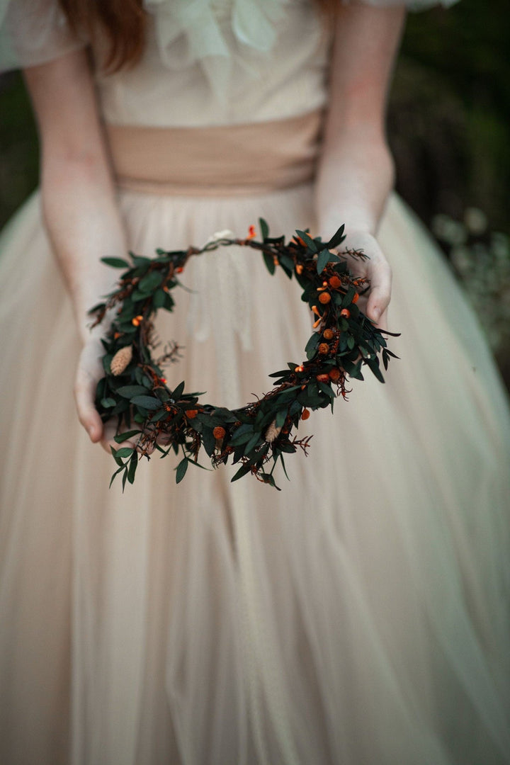 Autumn Flower Hair Wreath: Burnt Orange Boho Wedding Headpiece – handmade floral hair accessory by magaela
