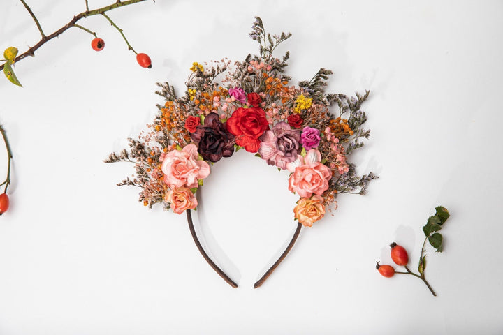 Frida Kahlo Flower Crown: Boho Wedding Headband – handmade floral hair accessory by magaela
