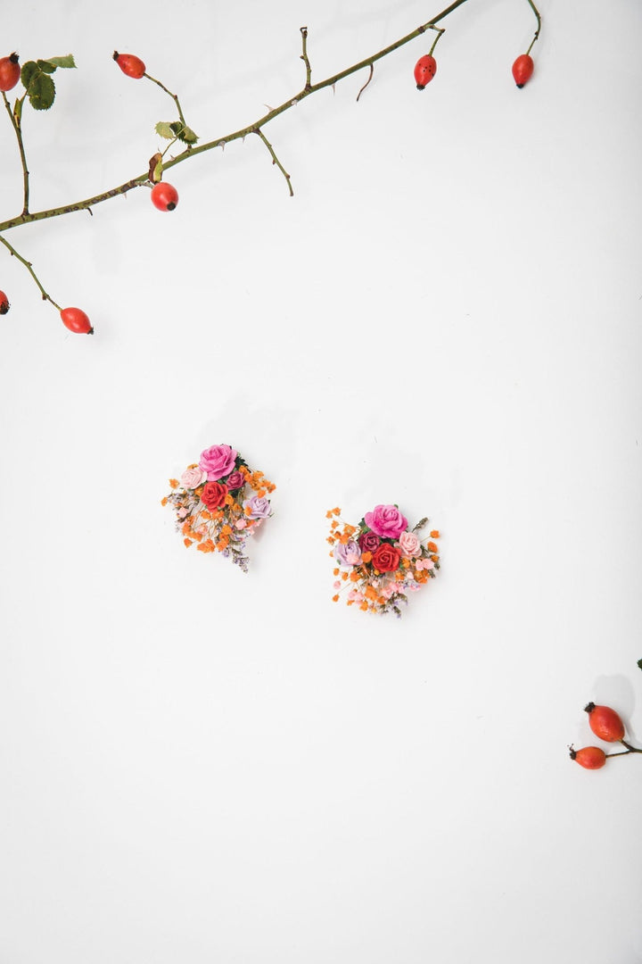 Frida Flower Earrings: Wedding Bridal Rose Clip Ons – handmade floral hair accessory by magaela