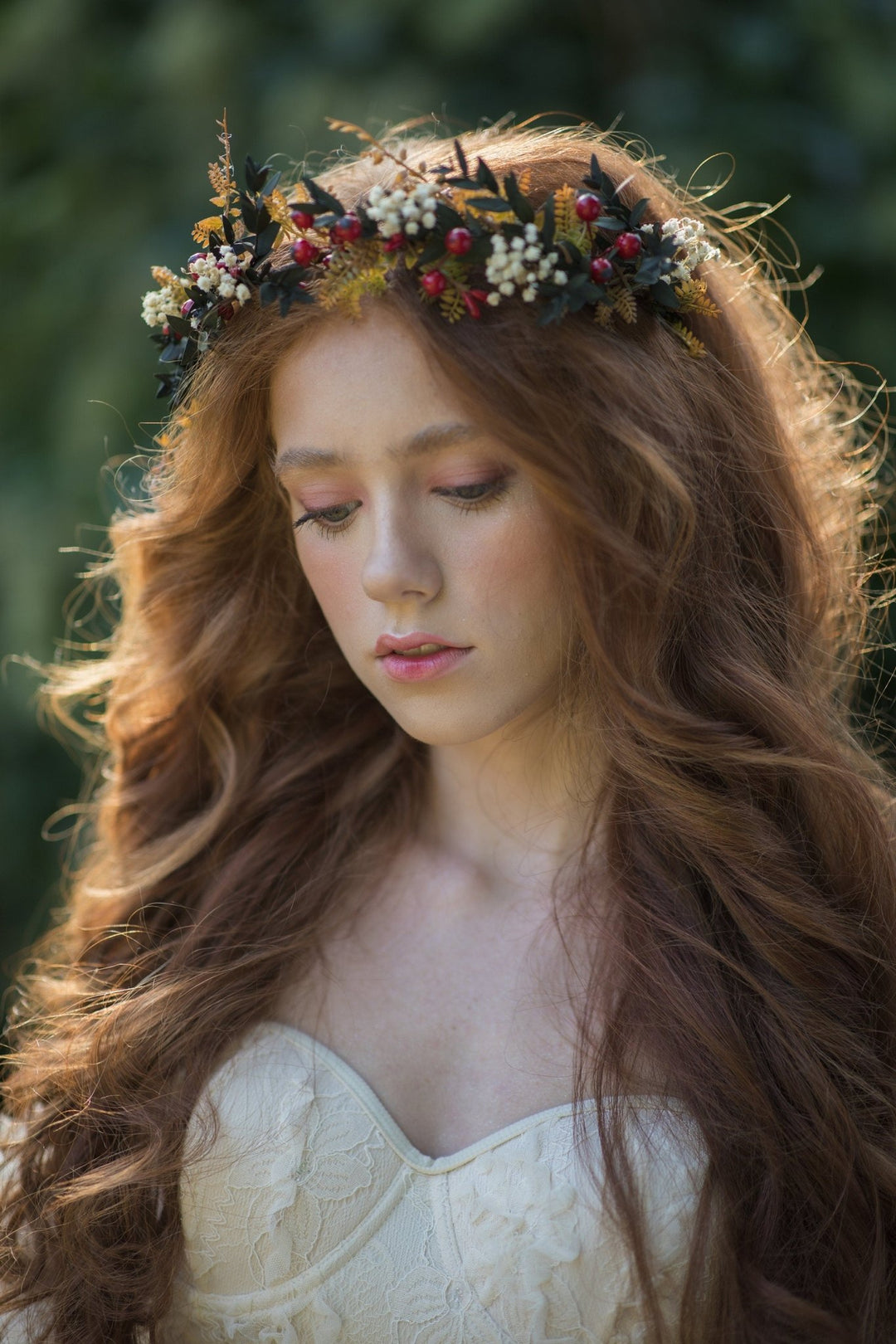 Autumn Bridal Flower Crown: Rose Hips & Baby's Breath Headpiece – handmade floral hair accessory by magaela