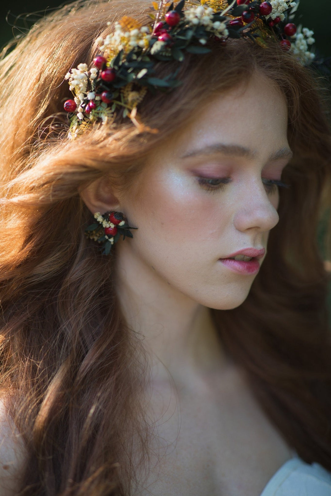 Autumn Rose Hip Earrings: Natural Flower Studs, Bridal Jewelry – handmade floral hair accessory by magaela