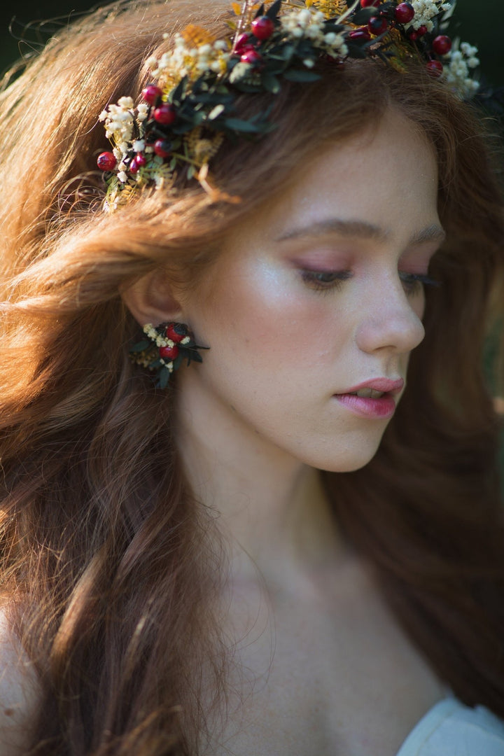 Autumn Rose Hip Earrings: Natural Flower Studs, Bridal Jewelry – handmade floral hair accessory by magaela