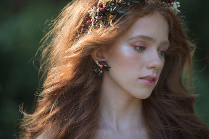 Autumn Rose Hip Earrings: Natural Flower Studs, Bridal Jewelry – handmade floral hair accessory by magaela