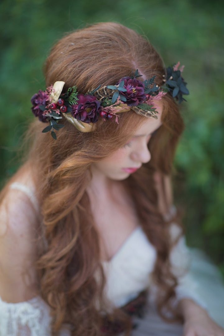 Autumn Flower Hair Wreath: Burgundy Boho Wedding Headpiece – handmade floral hair accessory by magaela
