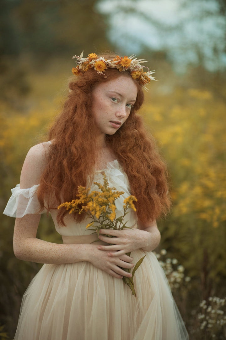 Ochre Flower Crown: Preserved Autumn Wedding Bridal Headpiece – handmade floral hair accessory by magaela