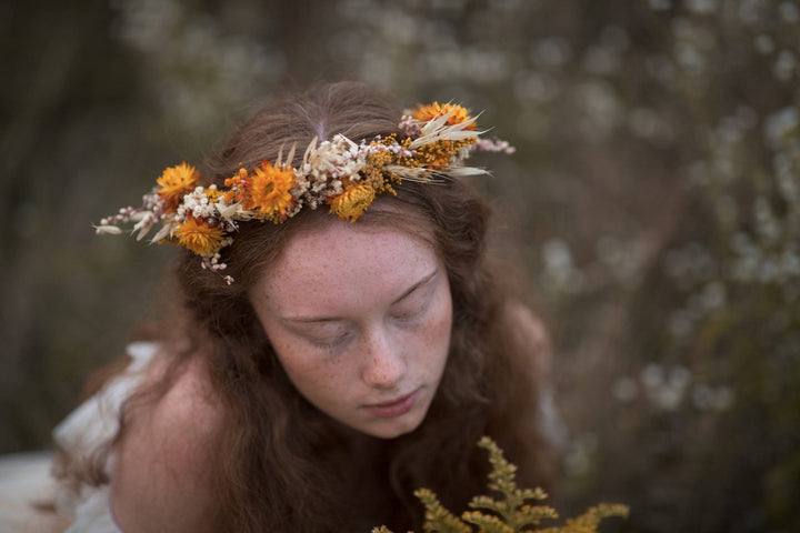 Ochre Flower Crown: Preserved Autumn Wedding Bridal Headpiece – handmade floral hair accessory by magaela