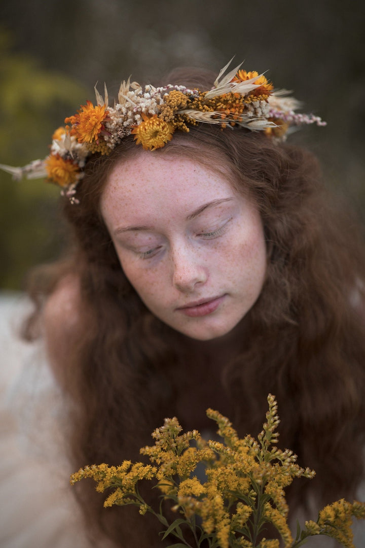 Ochre Flower Crown: Preserved Autumn Wedding Bridal Headpiece – handmade floral hair accessory by magaela