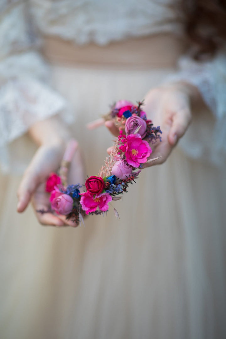 Raspberry Flower Headband: Magenta Bridal Headpiece – handmade floral hair accessory by magaela