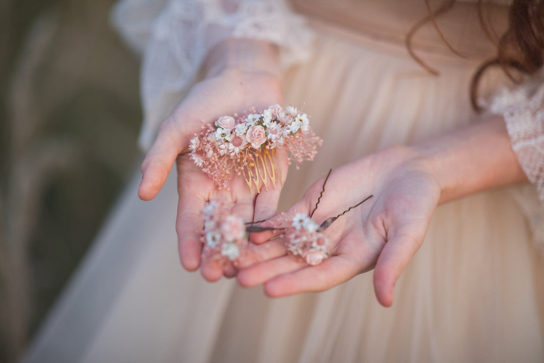 Blush Wedding Hair Comb & Pins: Romantic Dried Flower Accessories – handmade floral hair accessory by magaela