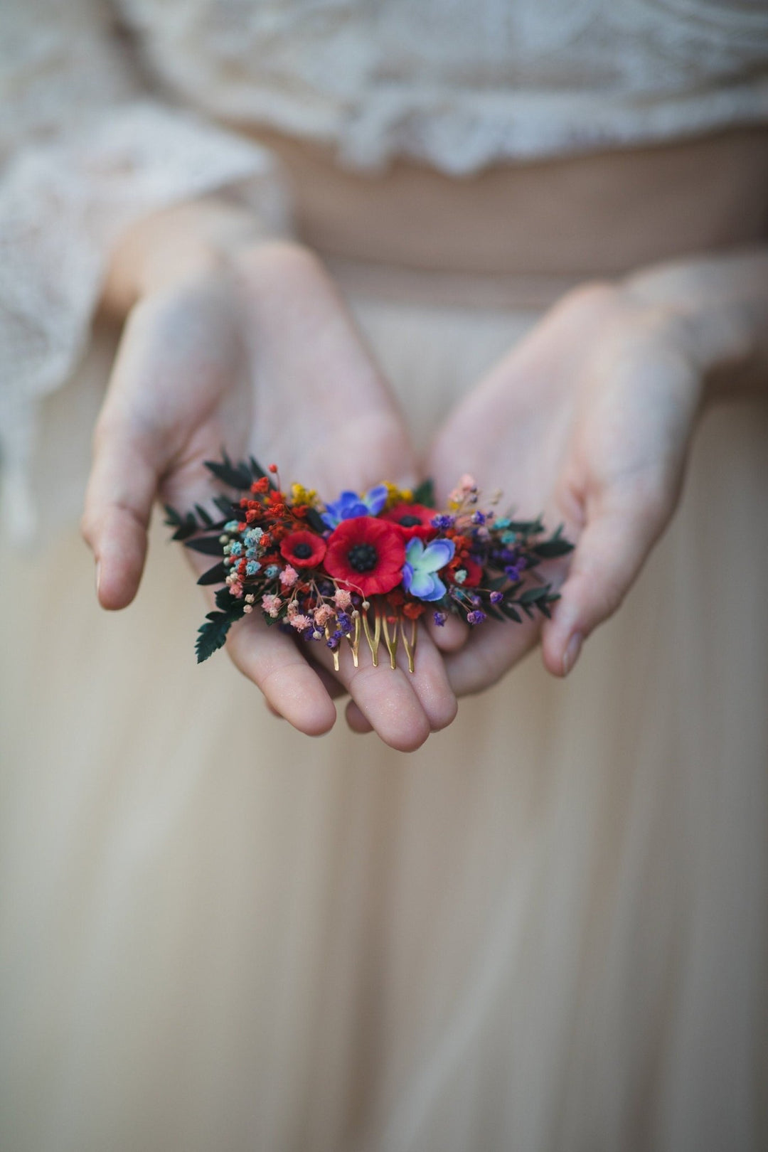 Poppy Flower Hair Comb: Folk Wedding Bridal Accessory – handmade floral hair accessory by magaela