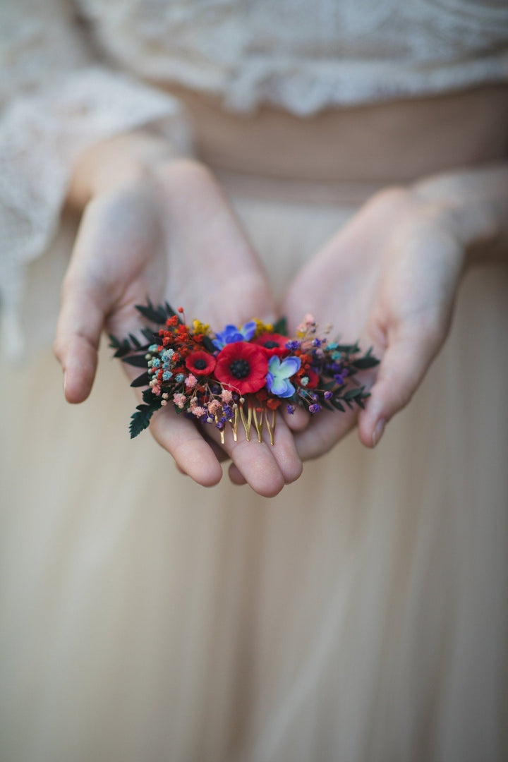 Poppy Flower Hair Comb: Folk Wedding Bridal Accessory – handmade floral hair accessory by magaela