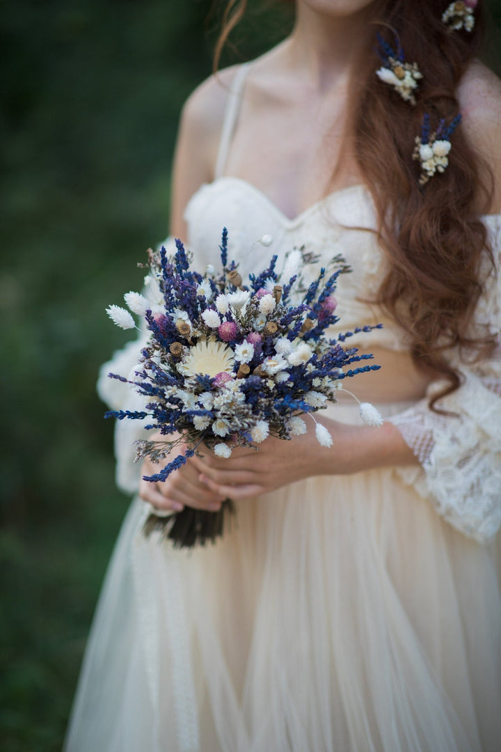 Preserved Lavender Wedding Bouquet: Handmade Dried Bridal Bouquet – handmade floral hair accessory by magaela