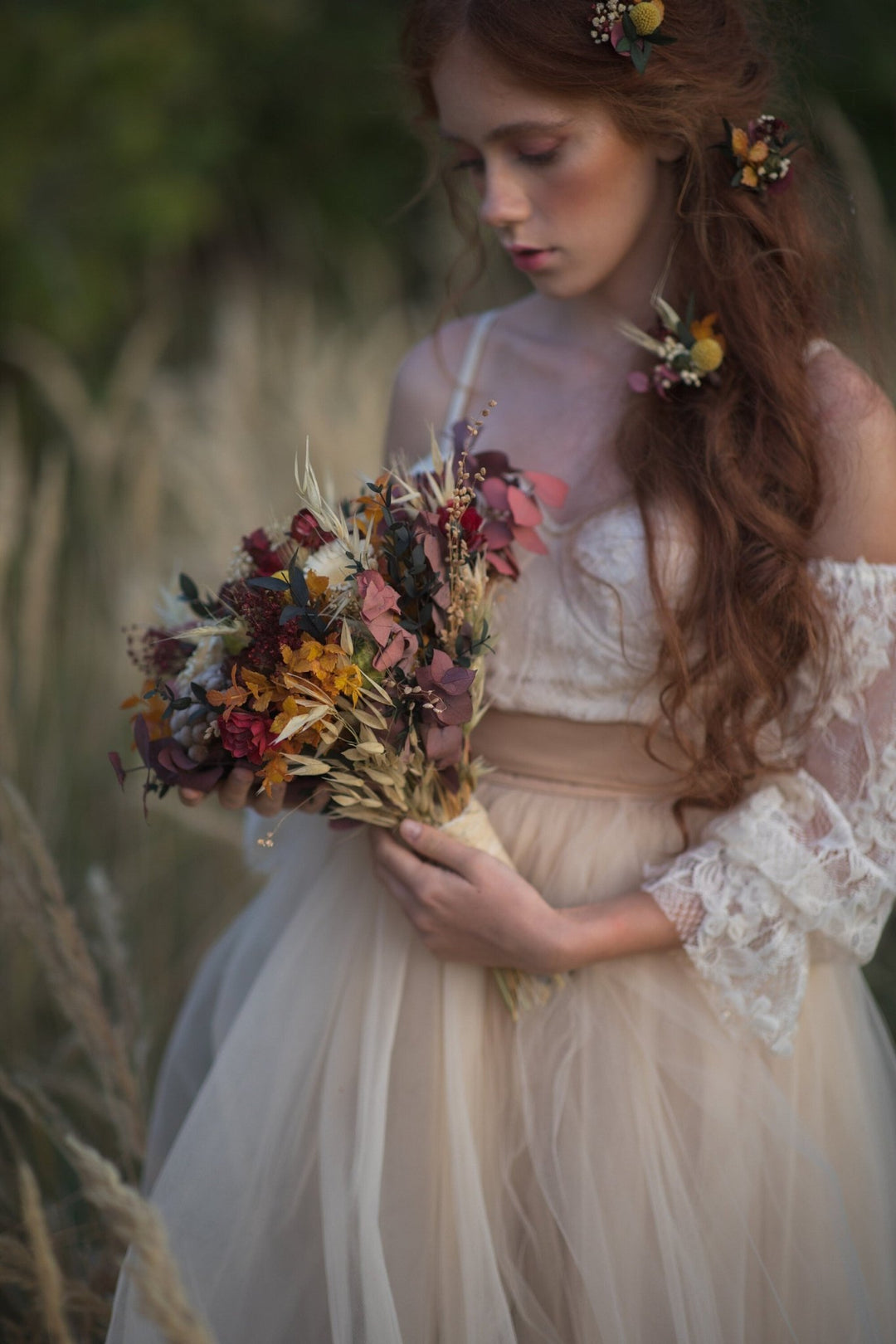 Autumn Bridal Bouquet: Preserved & Artificial Flowers, Customizable – handmade floral hair accessory by magaela