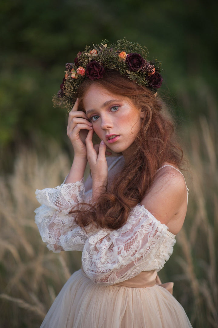 Burgundy Rose Flower Crown: Boho Autumn Wedding Hair Wreath – handmade floral hair accessory by magaela