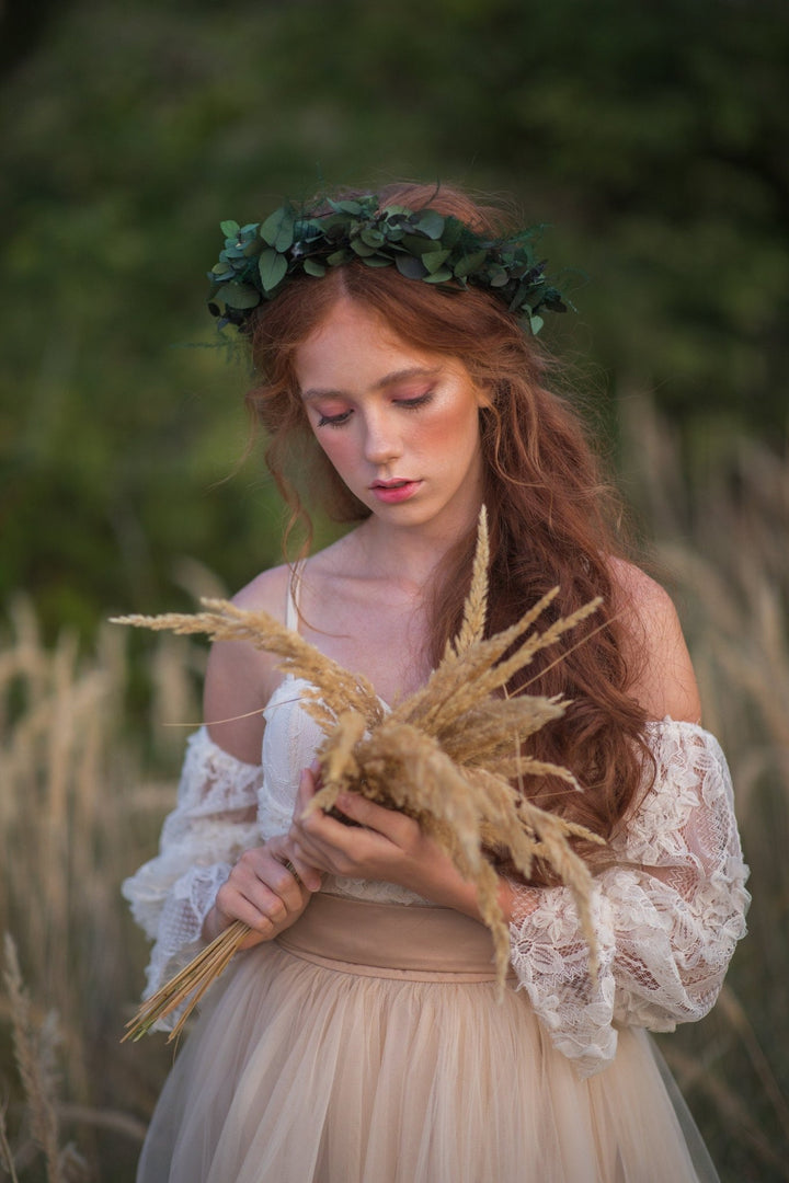 Greenery Bridal Wreath: Eucalyptus Flower Crown, Boho Wedding – handmade floral hair accessory by magaela