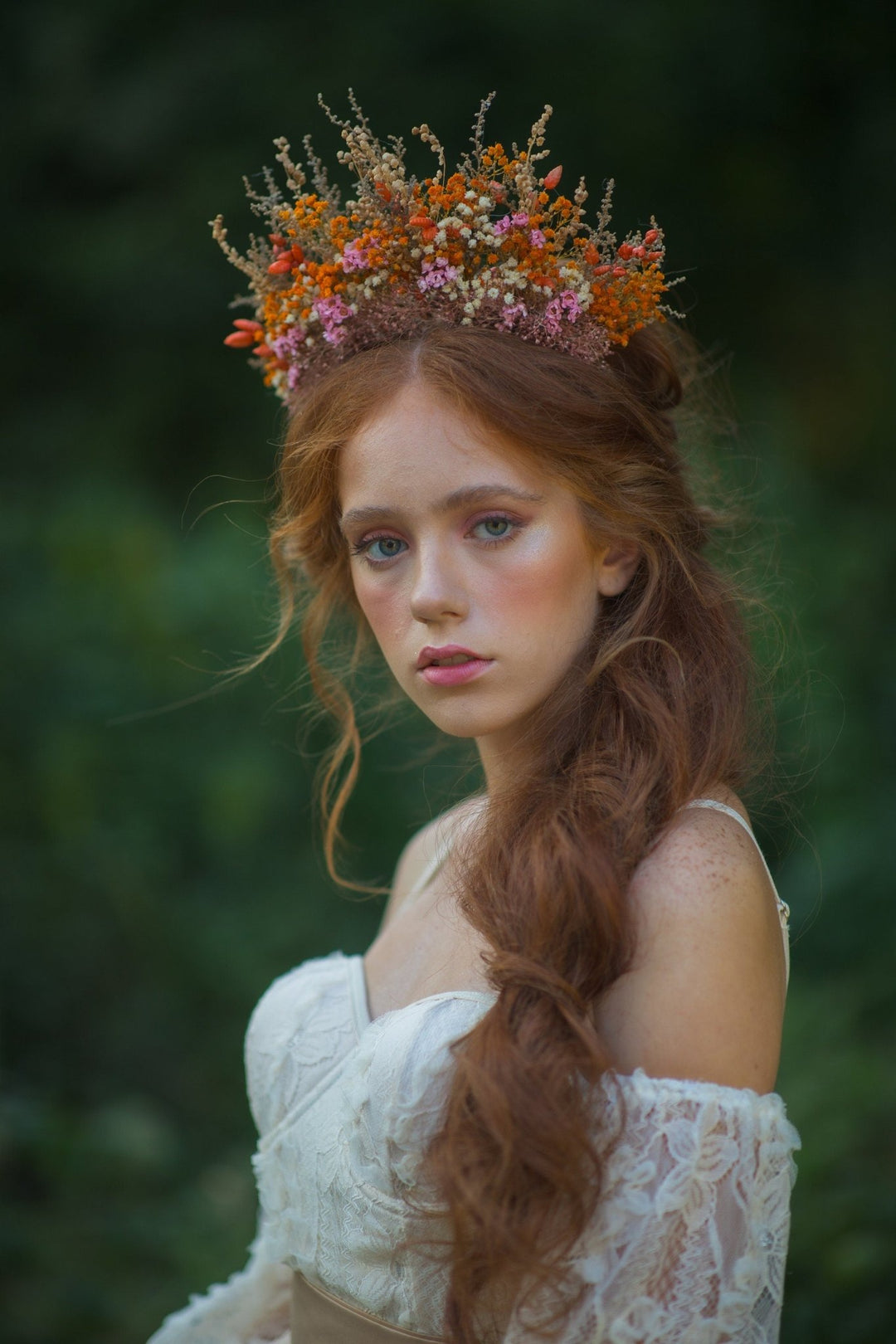 Dried Flower Bridal Headband: Orange Pink Autumn Wedding Hair Crown – handmade floral hair accessory by magaela