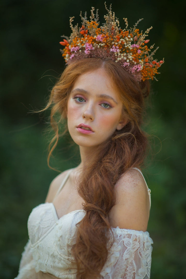 Dried Flower Bridal Headband: Orange Pink Autumn Wedding Hair Crown – handmade floral hair accessory by magaela