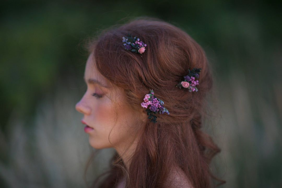 Purple Flower Hair Pins: Bridal Wedding Hair Accessories – handmade floral hair accessory by magaela