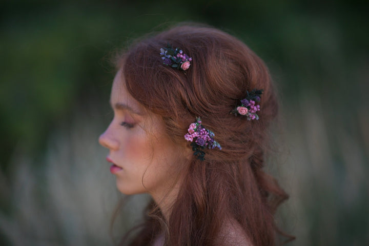 Purple Flower Hair Pins: Bridal Wedding Hair Accessories – handmade floral hair accessory by magaela