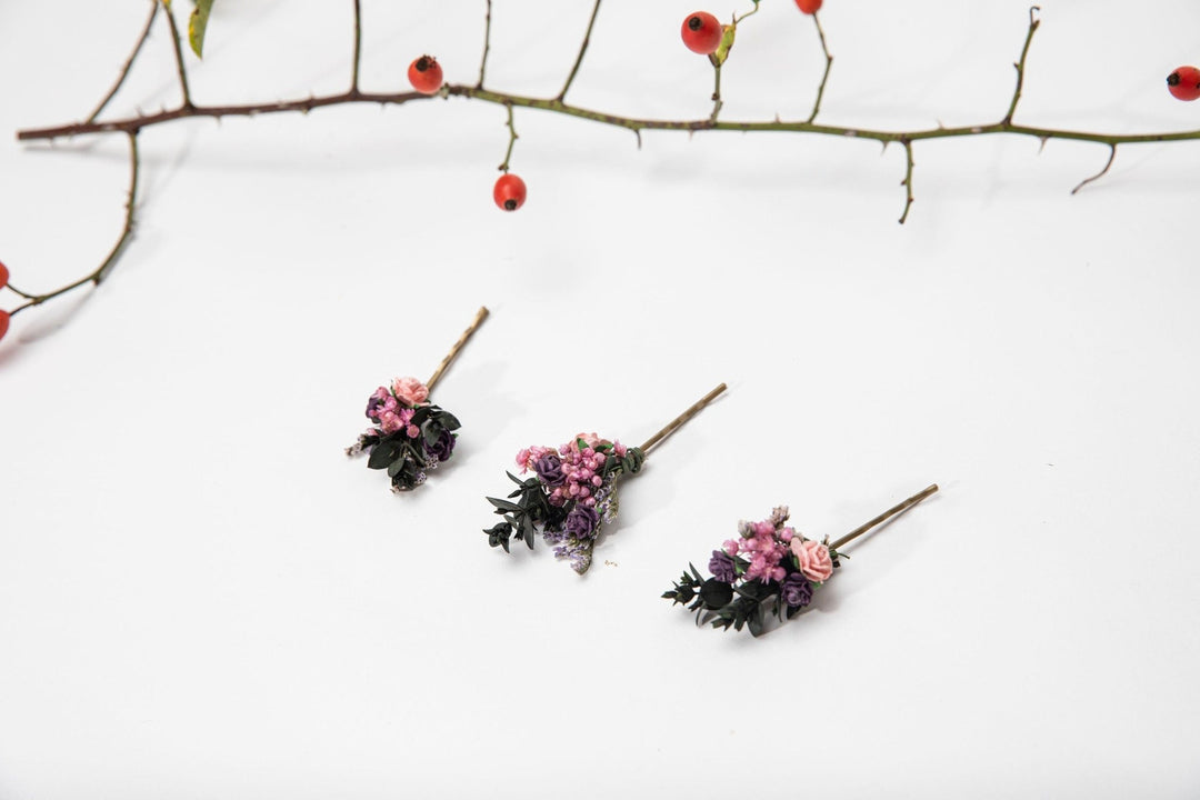 Purple Flower Hair Pins: Bridal Wedding Hair Accessories – handmade floral hair accessory by magaela