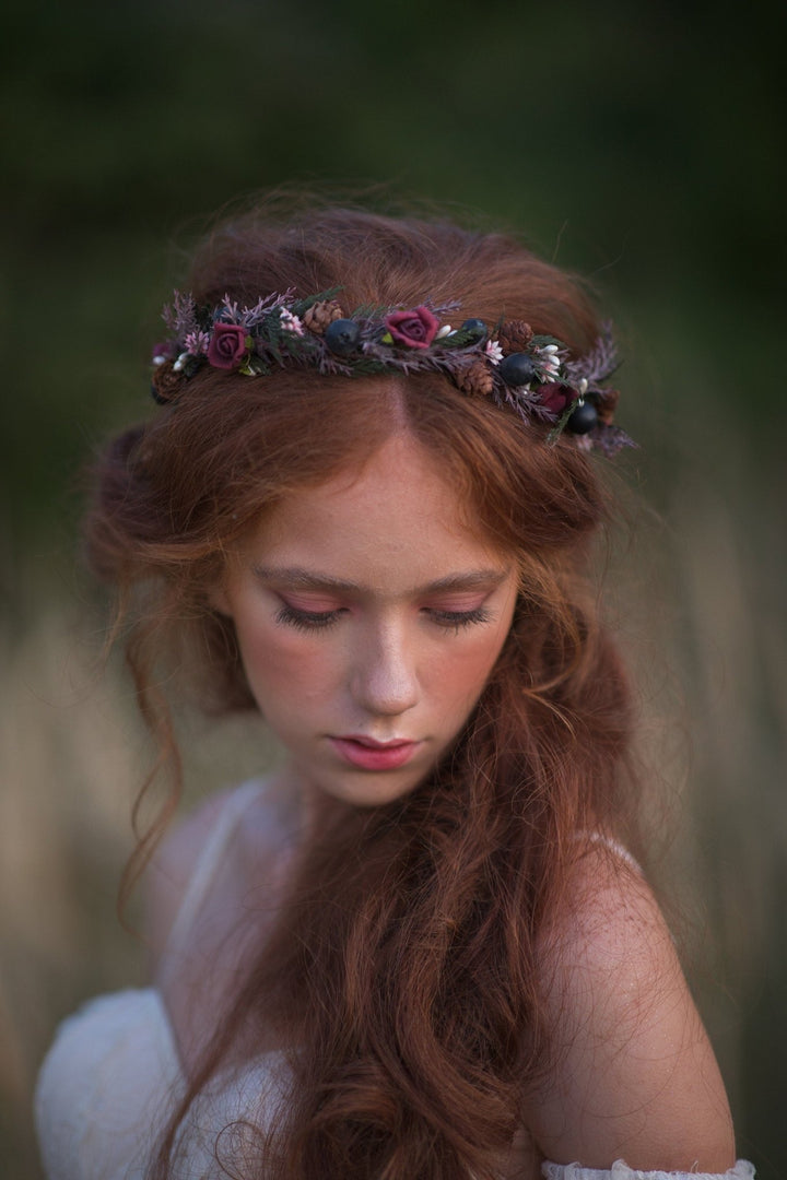 Autumn Flower Half Wreath: Woodland Bridal Crown with Pine Cones – handmade floral hair accessory by magaela